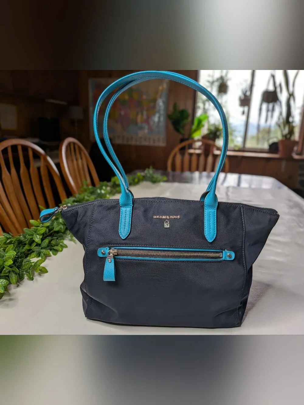 Michael Kors Nylon Kelsey Medium Tote Navy And Turquoise
